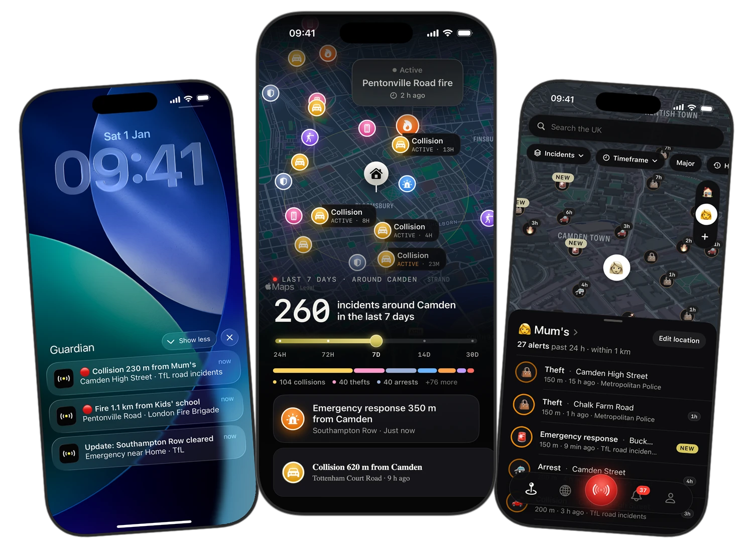 Guardian on iPhone: a lock screen with three alerts, a scan of the area around an address, and a map of incidents near a saved place